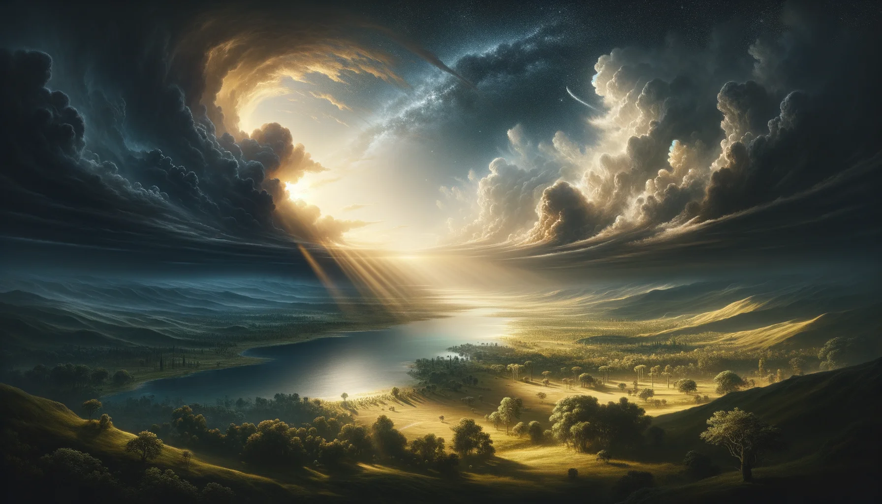 A vast, empty expanse of dark waters contrasts with soft, ethereal light emerging from the chaos.  The horizon transitions from deep blues and blacks to warm golds and whites, symbolizing the dawn of creation.  A firmament elegantly arches above, gently dividing the waters and embodying the emergence of divine order.