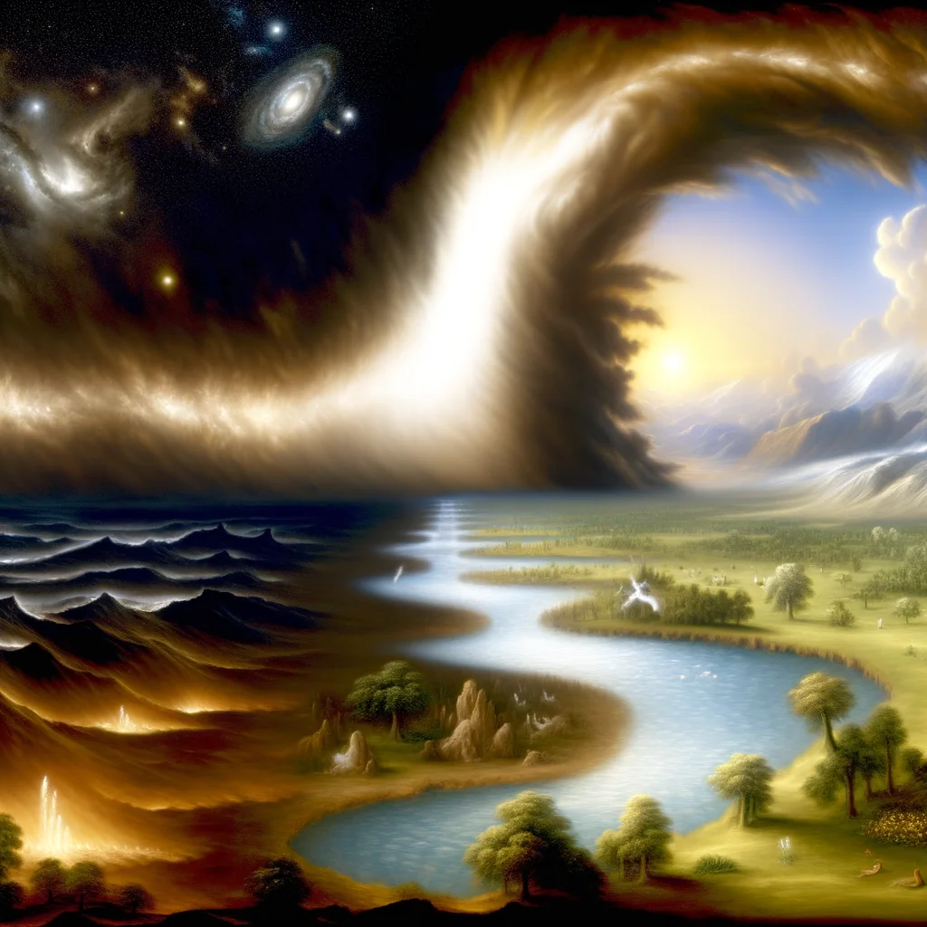 In the first section, deep blues and blacks swirl together, contrasting with a brilliant white light that pierces the darkness.  The second section showcases a majestic arch, rendered in earthy tones, dividing the chaotic waters into serene upper and lower realms.  In the final section, vibrant greens and golden hues emerge, symbolizing the flourishing life and divine order established in creation.