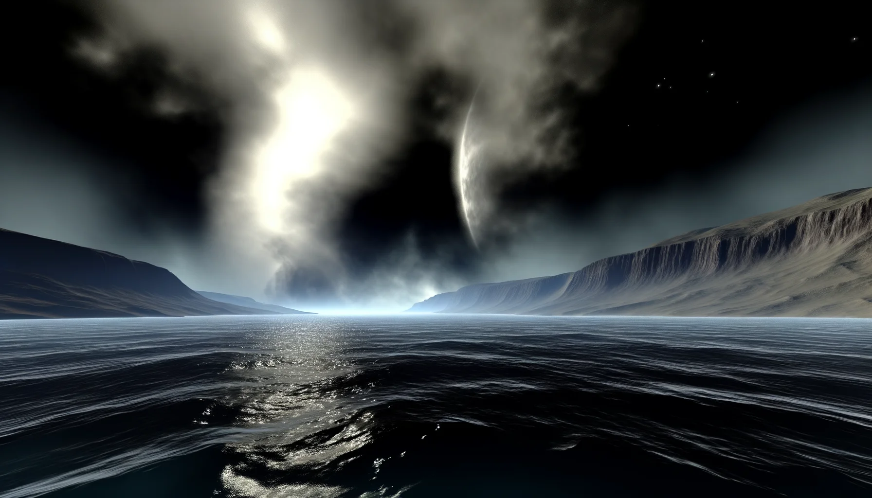 Dark waters stretch across the vast, empty landscape, embodying the primordial chaos before creation.  Ethereal light gradually pierces the darkness, illuminating the formless land and symbolizing the dawn of existence.  A majestic firmament arches above, framing this serene transformation with a sense of divine purpose and cosmic grandeur.