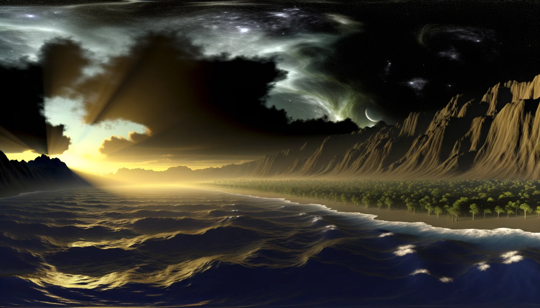 Soft golden light spills over the horizon, illuminating the dark, swirling waters of the pre-creation landscape.  Emerging landforms rise majestically, evoking a sense of awe and divine potential.  The firmament stretches across the canvas, symbolizing the separation of heavens and earth in this sacred moment.