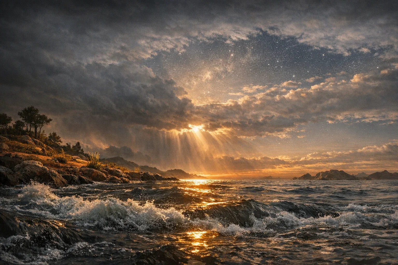 Fading orange light casts a warm glow over the ancient landscape, illuminating the dark waters below.  The tumultuous waves reflect the initial chaos of creation, hinting at the transformative power of divine light.  Above, a clear sky emerges, symbolizing order and hope as the first beams of light pierce the darkness.