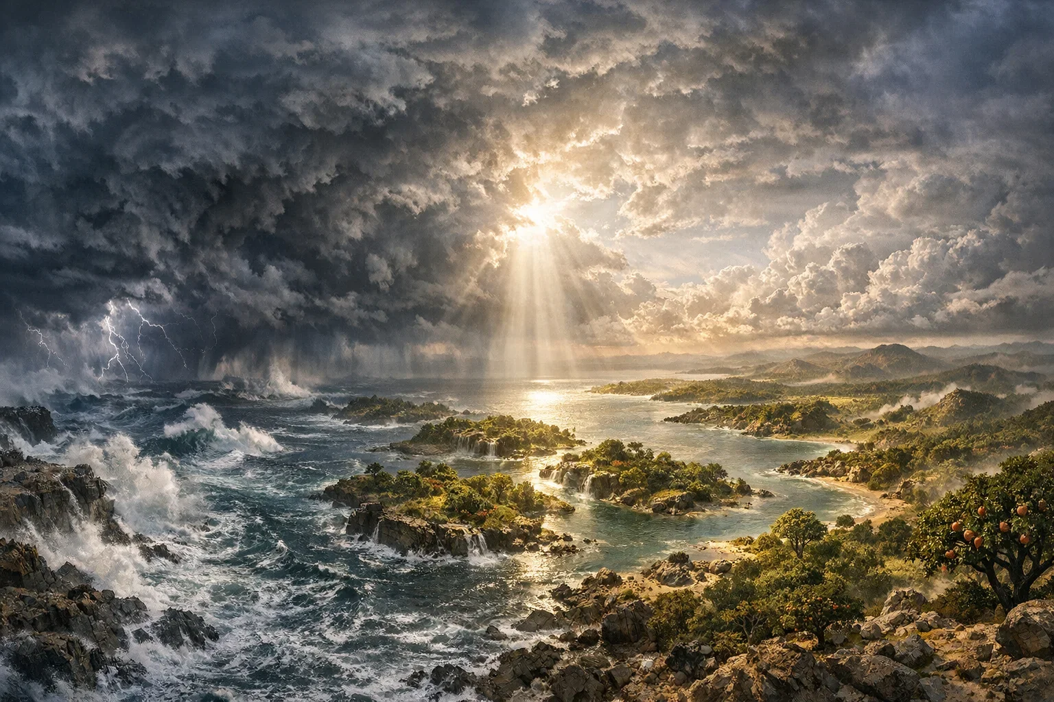 Dark, swirling clouds dominate the sky, casting shadows over the tumultuous waters below.  Brilliant rays of light pierce through the chaos, illuminating the emerging land amidst crashing waves.  Rugged shores rise from the depths, signifying the birth of a new world in divine order.