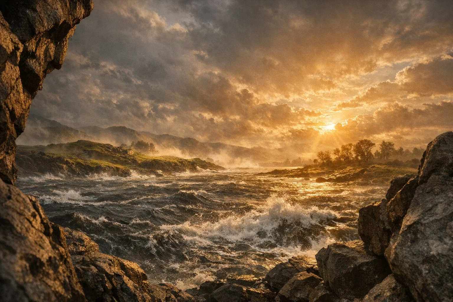 Jagged rock formations frame the scene, adding depth to the primordial landscape at dawn.  Dark, tumultuous waters reflect the chaotic essence of creation, contrasting with the emerging golden light.  Warm amber rays illuminate swirling clouds, signaling the divine transformation from chaos to order.