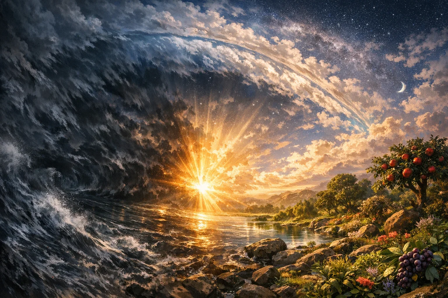 A dramatic Dutch angle captures the cosmic unfolding of creation, enhancing the sense of divine intervention.  Ethereal twilight hues illuminate the stark contrasts between the emerging realms of heaven and earth.  Swirling shadows of darkness envelop the formless void, while radiant light signifies the divine command, heralding order from chaos.