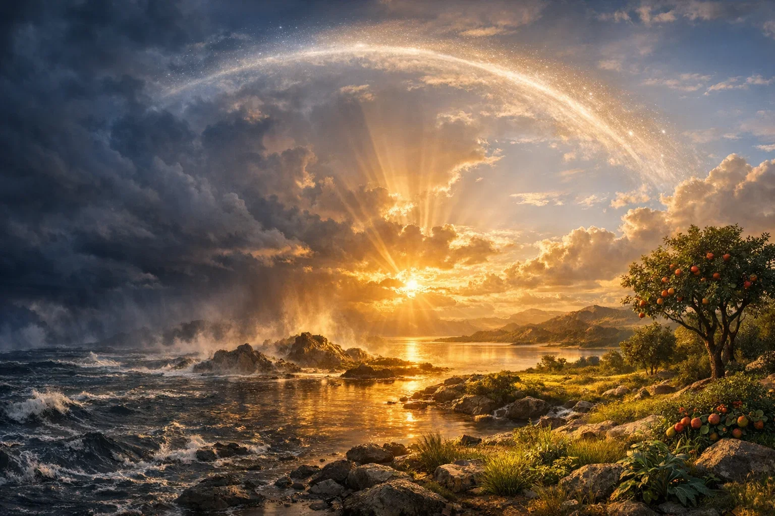 The tumultuous waters swirl beneath a sky transitioning from deep indigo to soft amber, signaling the dawn of creation.  Golden light spills across the landscape, illuminating the chaotic elements and revealing their potential for harmony.  This expansive panorama captures the moment where formless void yields to divine order, embodying the essence of Genesis.