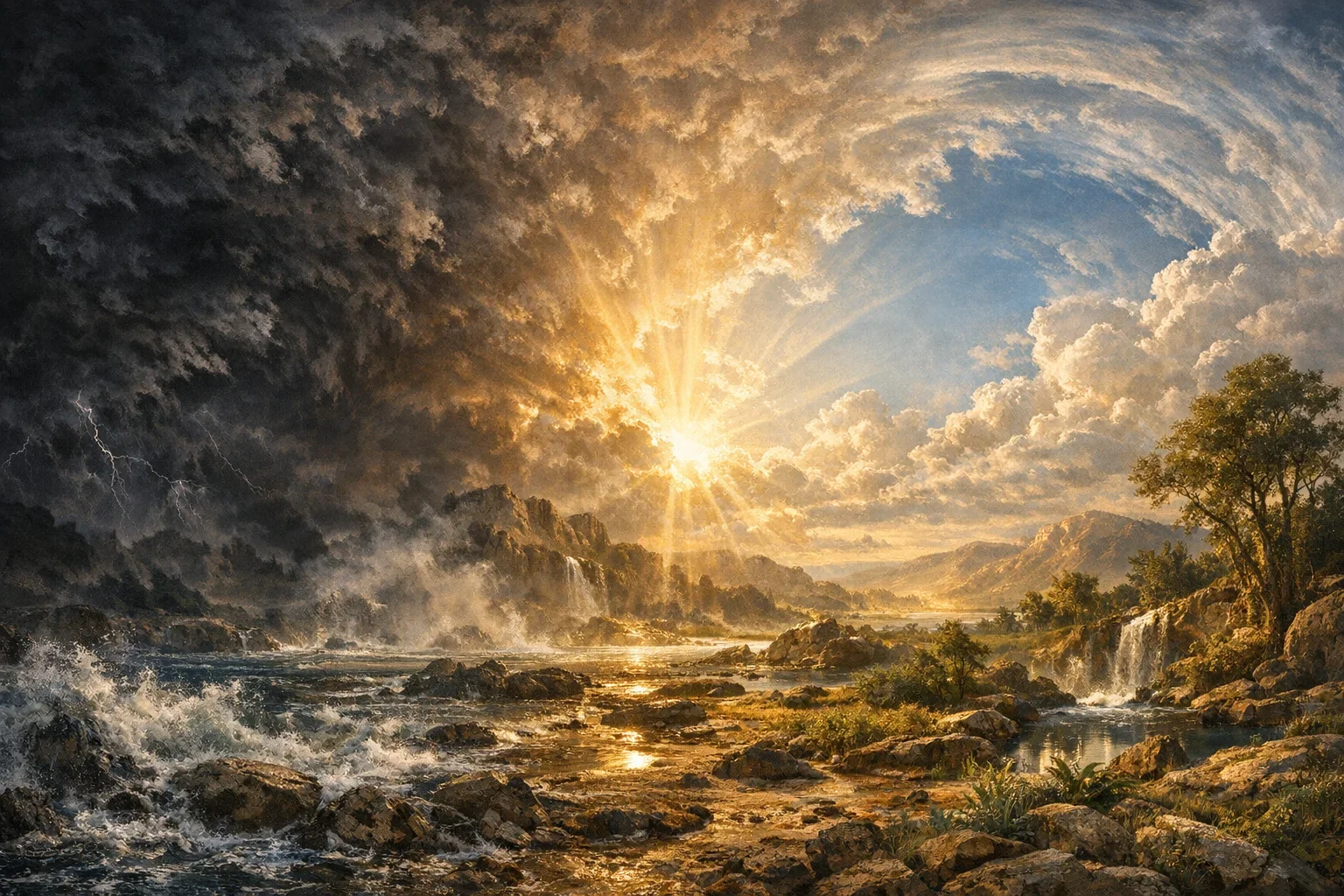 Warm amber light cascades from above, piercing through the swirling darkness to reveal the separation of light and shadow.  The chaotic waters in the foreground reflect the vibrant hues of dawn, hinting at the emergence of dry land.  Lush green vegetation begins to unfurl, framed by the expansive sky that signifies the divine order of creation.