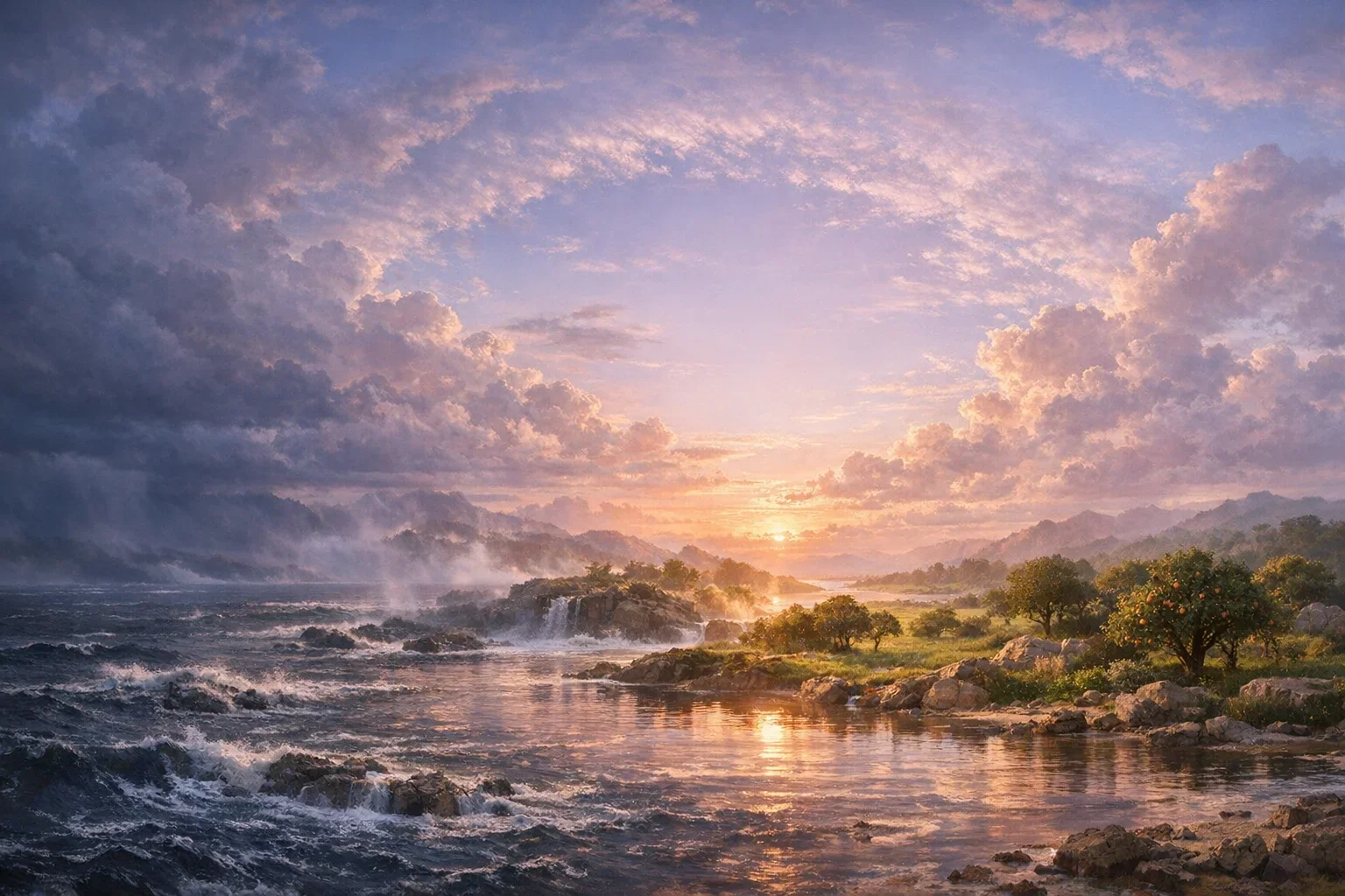 Soft pink and purple hues awaken the nascent world at dawn, casting a divine glow over the primordial landscape.  Swirling waters and a vibrant firmament create a dynamic composition, emphasizing the contrast between light and darkness.  Newly formed dry land emerges, adorned with lush greenery, symbolizing the beauty of creation's unfolding.