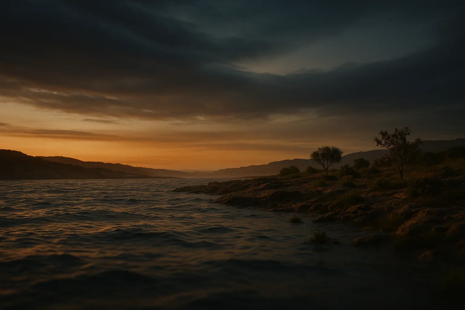 A warm orange glow envelops the primordial landscape, illustrating the transition from light to darkness.  The vast body of water mirrors the twilight sky, capturing the ethereal essence of creation's depths.  Gentle waves ripple softly, embodying the 