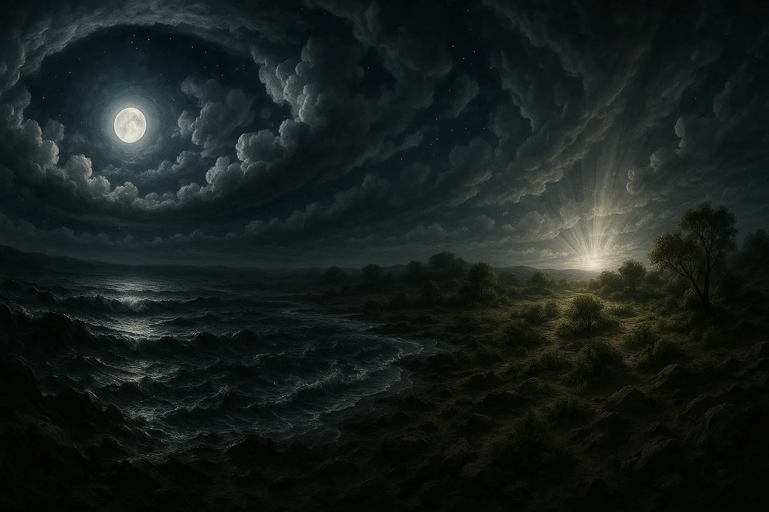 A moonlit sky bathes the primordial landscape in silver tones, creating an ethereal atmosphere of creation.  Dark, tumultuous waters clash with emerging dry land, accentuated by a dramatic Dutch angle that heightens tension.  Swirling reflections of moonlight dance on the chaotic surface, emphasizing the struggle between darkness and the promise of order.