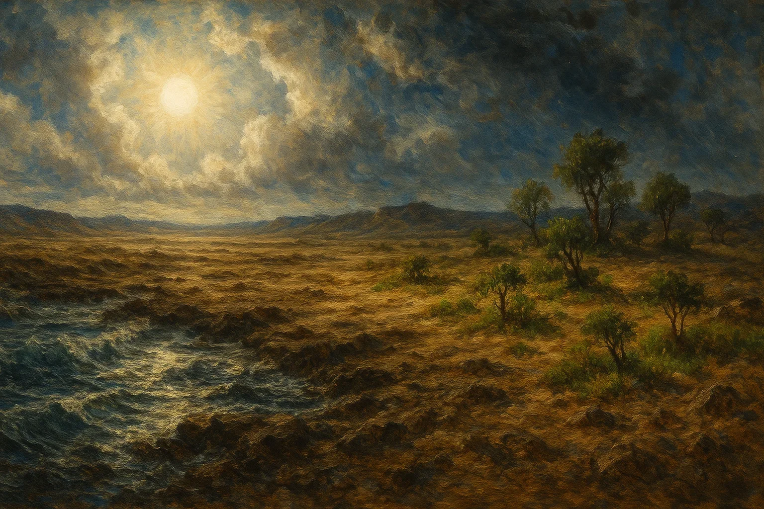 A harsh midday sun casts sharp shadows across turbulent waters and barren earth, emphasizing the chaos of creation.  The foreground reveals chaotic waters receding to reveal dry land, symbolizing divine order emerging from disorder.  Scattered patches of grass and budding trees hint at the nascent life beginning to flourish in this primordial landscape.
