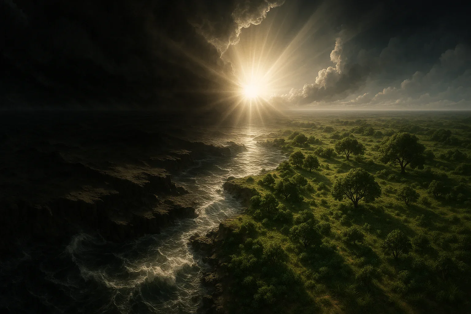 Harsh midday sunlight casts stark shadows across the chaotic waters and unformed land, emphasizing the primordial landscape.  A brilliant light pierces the darkness at the center, symbolizing the divine creation of day.  The firmament dynamically divides the tumultuous waters below, creating a visual tension that embodies the essence of Genesis.