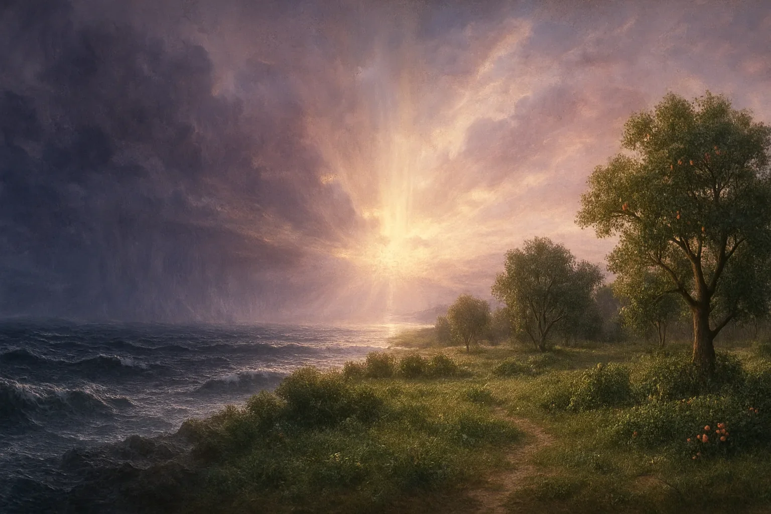 Soft pink and purple hues wash over the primordial landscape, heralding the dawn of creation.  Chaotic, dark waters churn beneath the emerging light, starkly contrasting with the radiant glow.  A clear division between light and darkness symbolizes divine command, marking the inception of order from chaos.