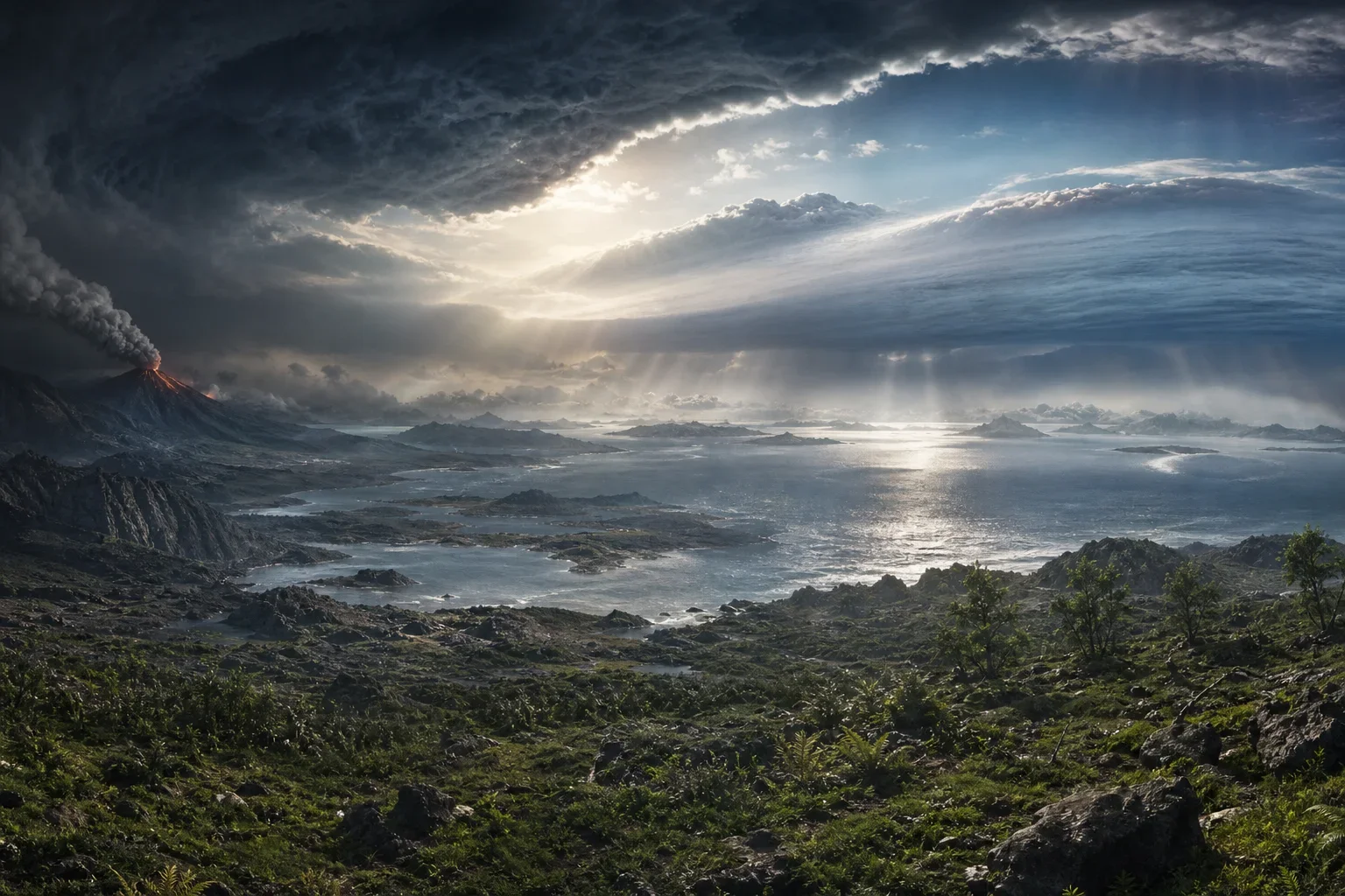 A panoramic view reveals primordial Earth beneath storm-dark clouds, where turbulent waters, emerging landmasses, and volcanic haze stretch into infinity.  Supernatural beams pierce the gloom, bathing the scene in radiant light that suggests divine presence without form.  The composition balances vast darkness and awakening brilliance, evoking creation’s first stirring with solemn, cosmic grandeur.
